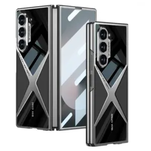 Gkk Original X Pattern Leather & Glass Back Cover For Samsung Galaxy Z Fold6 (Fold 6 5G) - Black