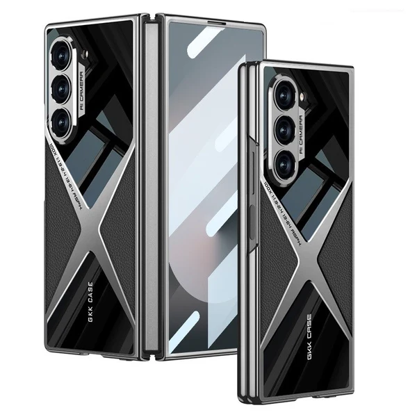 Gkk Original X Pattern Leather & Glass Back Cover For Samsung Galaxy Z Fold6 (Fold 6 5G) - Black