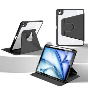 EVO Acrylic Hard 360 Degree Rotation Case Standing Flip Cover (Back Part Clear) With Pencil Holder For iPad